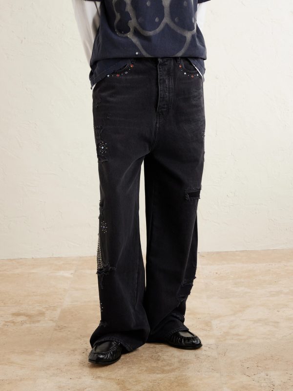 Straight-Leg Distressed Studded Jeans - FR Straight-Leg Distressed Studded Jeans - FR