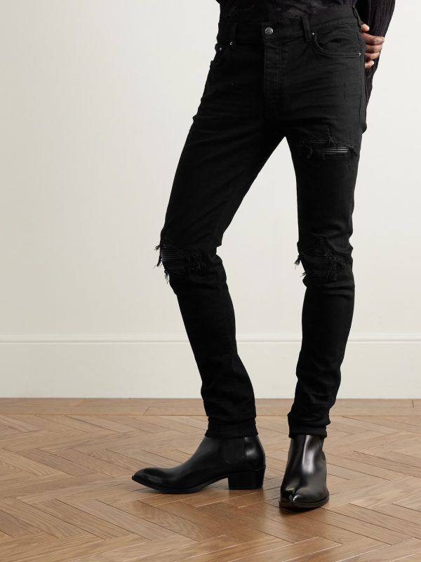 MX1 Skinny-Fit Leather-Panelled Distressed Jeans - FR