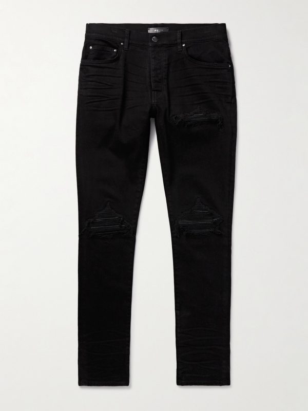 MX1 Skinny-Fit Leather-Panelled Distressed Jeans