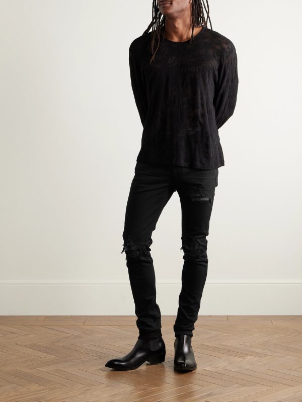 MX1 Skinny-Fit Leather-Panelled Distressed Jeans - OU