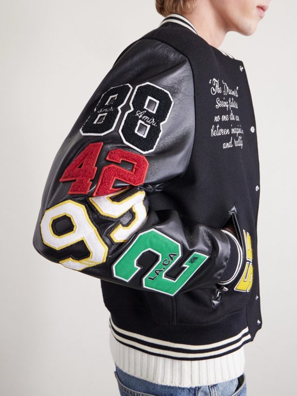 Appliquéd Embroidered Leather and Wool-Blend Varsity Jacket - E1 Appliquéd Embroidered Leather and Wool-Blend Varsity Jacket - E1