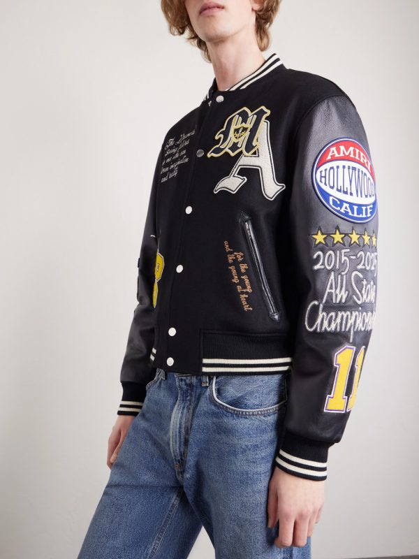Appliquéd Embroidered Leather and Wool-Blend Varsity Jacket - FR Appliquéd Embroidered Leather and Wool-Blend Varsity Jacket - FR