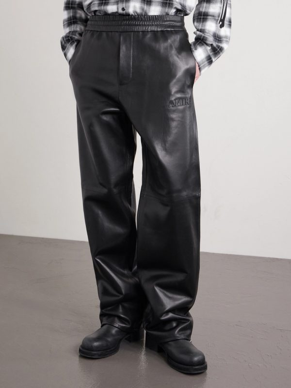 Logo-Appliquéd Straight-Leg Leather Trousers - FR Logo-Appliquéd Straight-Leg Leather Trousers - FR