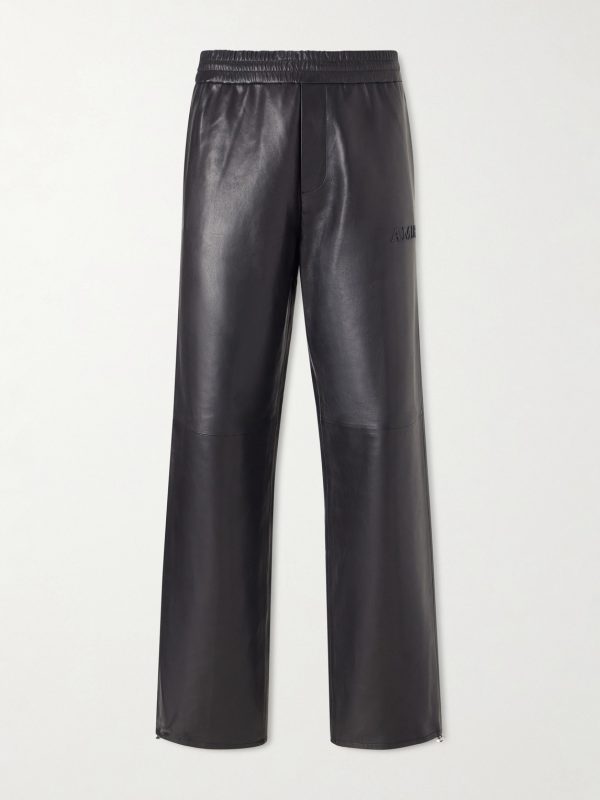 Logo-Appliquéd Straight-Leg Leather Trousers Logo-Appliquéd Straight-Leg Leather Trousers
