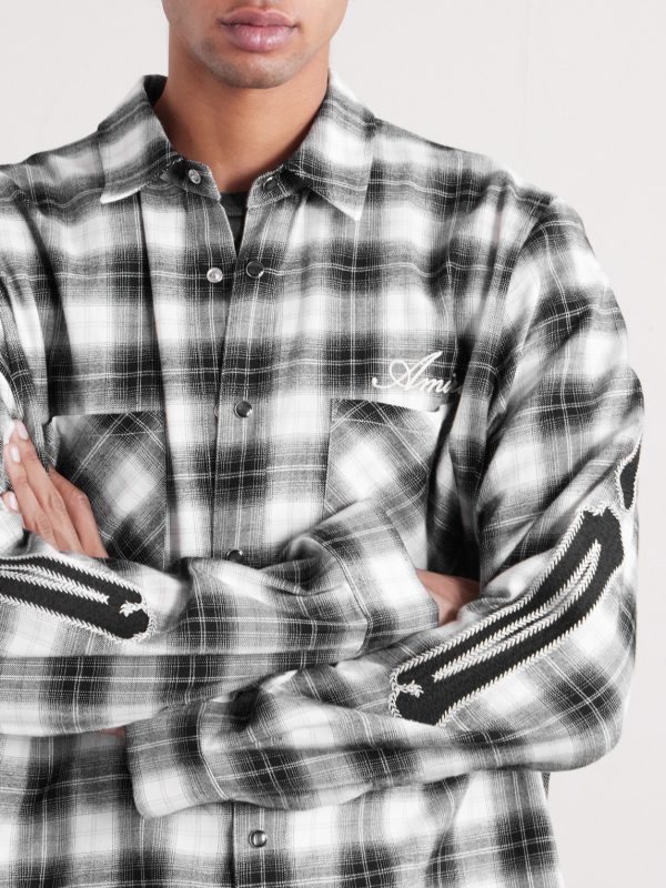 Bones Appliquéd Frayed Checked Cotton-Flannel Overshirt - CU Bones Appliquéd Frayed Checked Cotton-Flannel Overshirt - CU