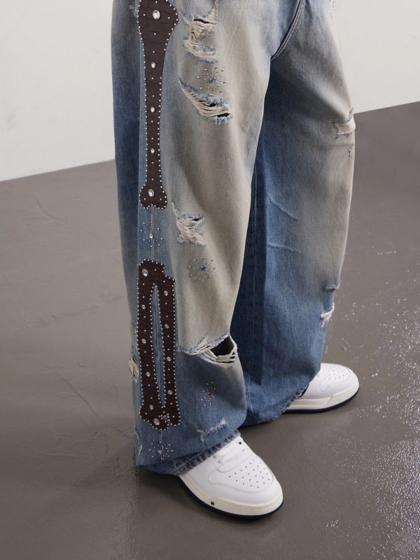 Straight-Leg Distressed Studded Jeans - CU