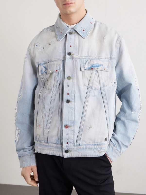 Embellished Distressed Denim Jacket - FR