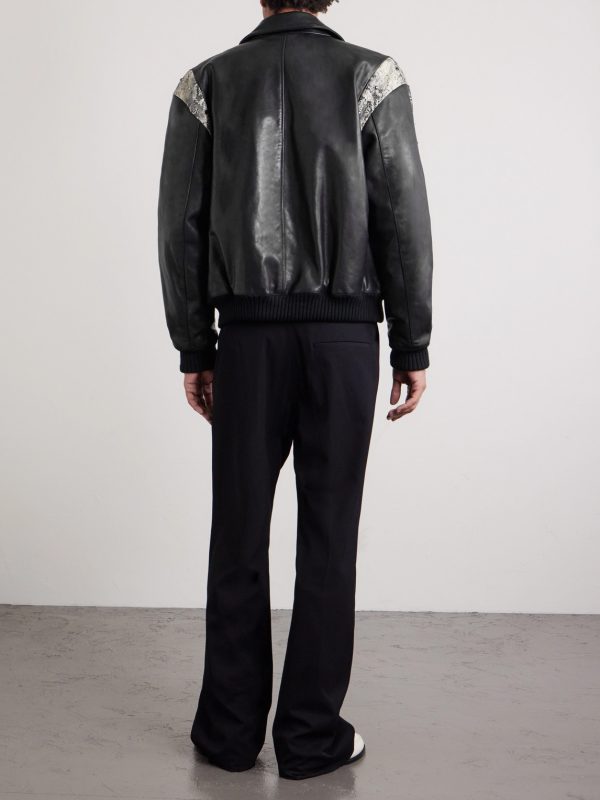 Bones Snake-Effect Panelled Studded Logo-Embroidered Leather Jacket - BK