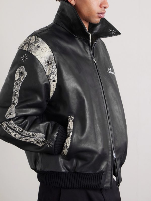 Bones Snake-Effect Panelled Studded Logo-Embroidered Leather Jacket - CU