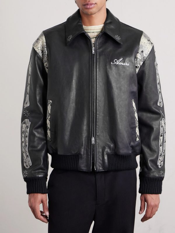 Bones Snake-Effect Panelled Studded Logo-Embroidered Leather Jacket - FR