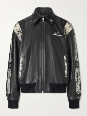 Bones Snake-Effect Panelled Studded Logo-Embroidered Leather Jacket