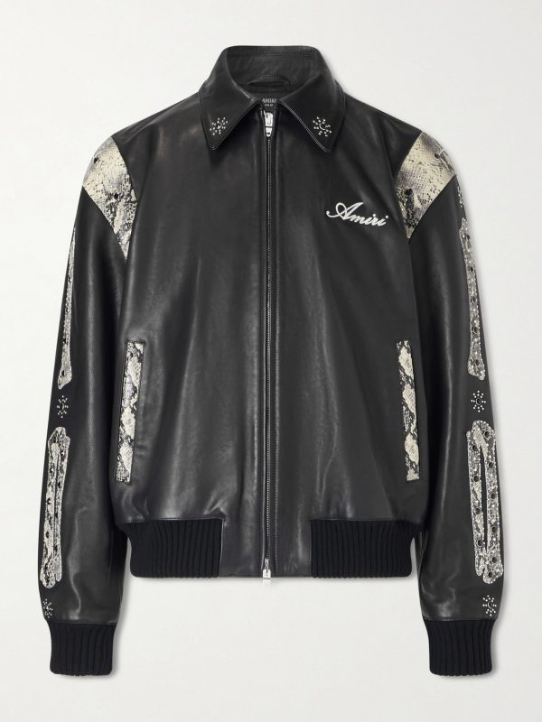 Bones Snake-Effect Panelled Studded Logo-Embroidered Leather Jacket