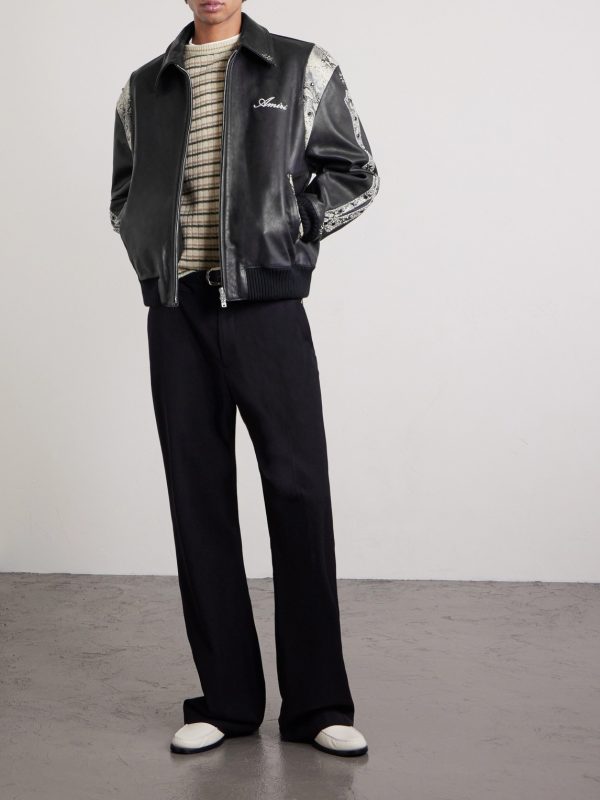 Bones Snake-Effect Panelled Studded Logo-Embroidered Leather Jacket - OU