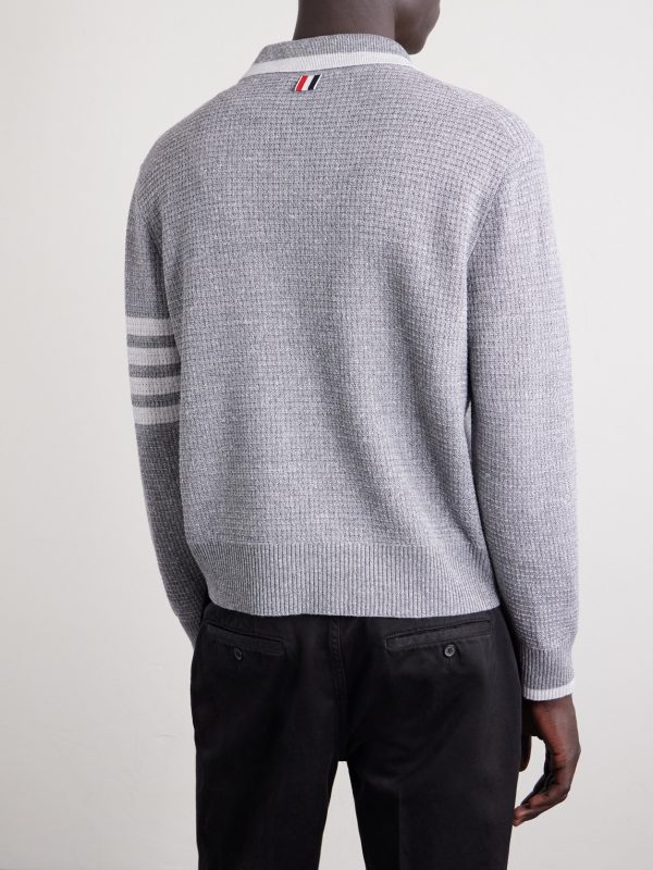 Striped Linen and Cotton-Blend Polo Sweater - BK Striped Linen and Cotton-Blend Polo Sweater - BK