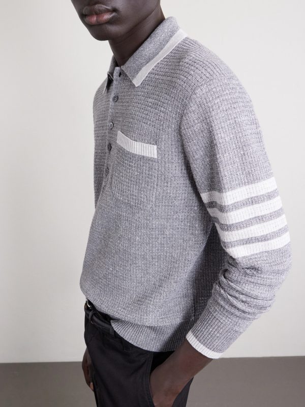 Striped Linen and Cotton-Blend Polo Sweater - CU Striped Linen and Cotton-Blend Polo Sweater - CU