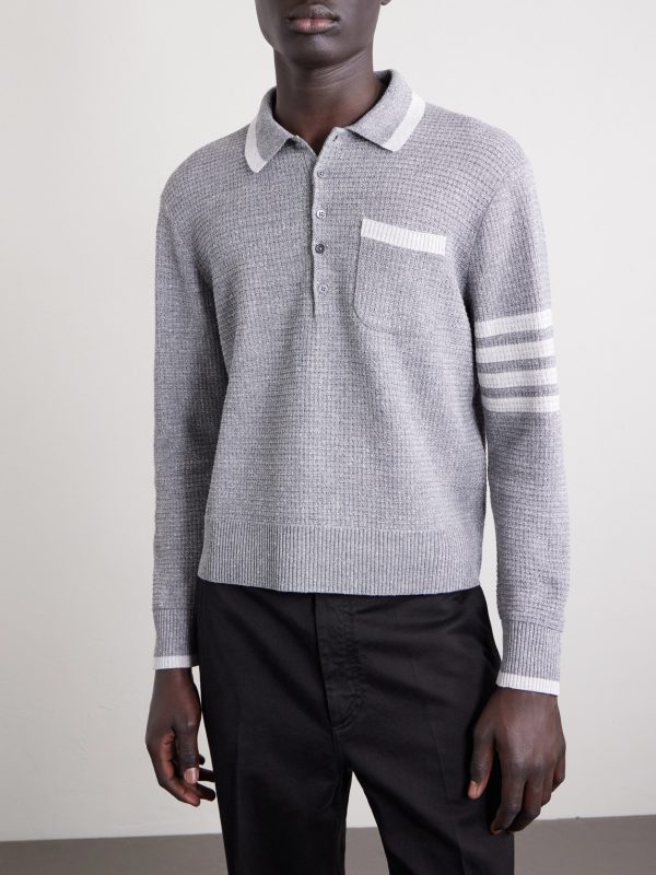Striped Linen and Cotton-Blend Polo Sweater - FR Striped Linen and Cotton-Blend Polo Sweater - FR