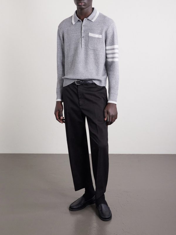 Striped Linen and Cotton-Blend Polo Sweater - OU Striped Linen and Cotton-Blend Polo Sweater - OU