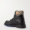 Checked Canvas-Trimmed Leather Boots - BK Checked Canvas-Trimmed Leather Boots - BK