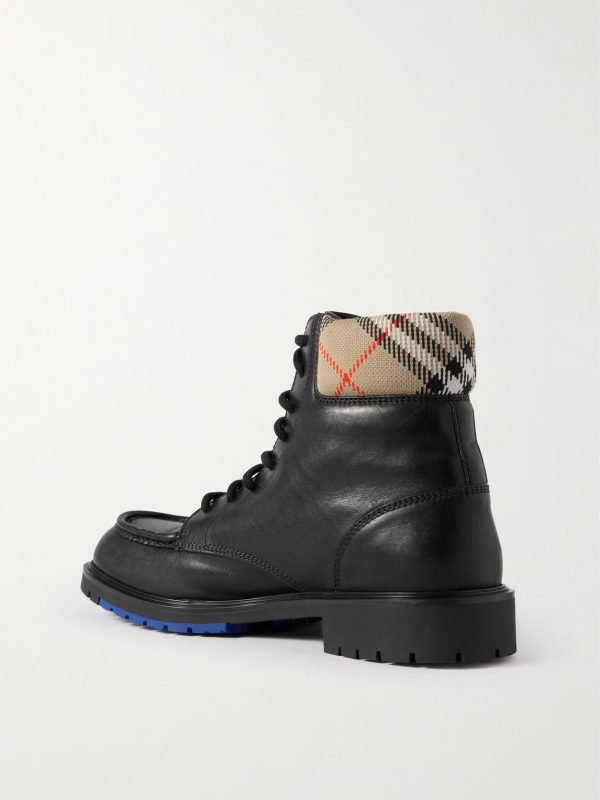 Checked Canvas-Trimmed Leather Boots - BK Checked Canvas-Trimmed Leather Boots - BK