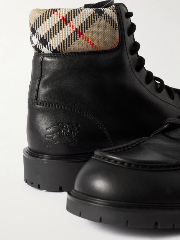 Checked Canvas-Trimmed Leather Boots - CU Checked Canvas-Trimmed Leather Boots - CU
