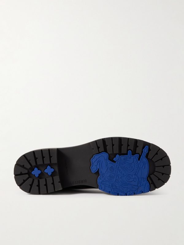 Checked Canvas-Trimmed Leather Boots - E1 Checked Canvas-Trimmed Leather Boots - E1