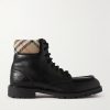Checked Canvas-Trimmed Leather Boots Checked Canvas-Trimmed Leather Boots