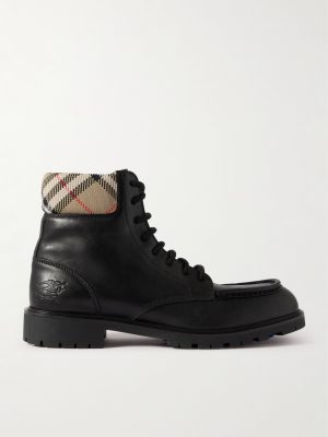 Checked Canvas-Trimmed Leather Boots Checked Canvas-Trimmed Leather Boots