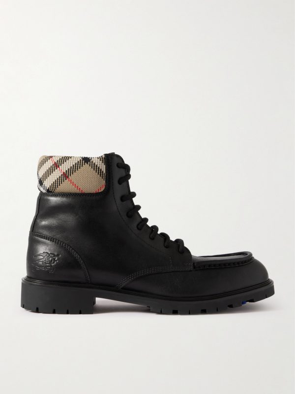 Checked Canvas-Trimmed Leather Boots Checked Canvas-Trimmed Leather Boots