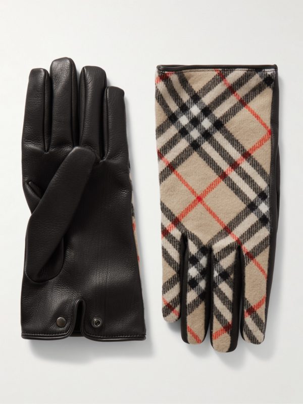 Checked Wool and Cashmere-Blend and Leather Gloves