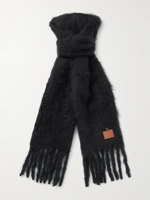 Logo-Appliquéd Fringed Mohair and Wool-Blend Scarf Logo-Appliquéd Fringed Mohair and Wool-Blend Scarf