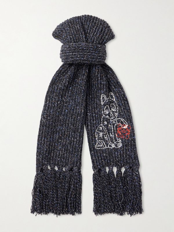 Fringed Embroidered Knitted Scarf