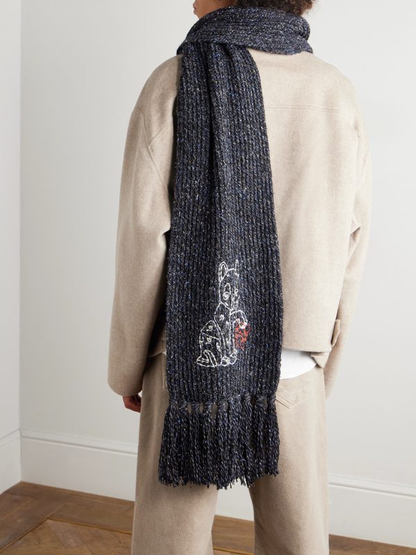 Fringed Embroidered Knitted Scarf - OU