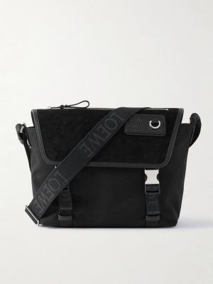 Leather-Trimmed Suede and Canvas Messenger Bag