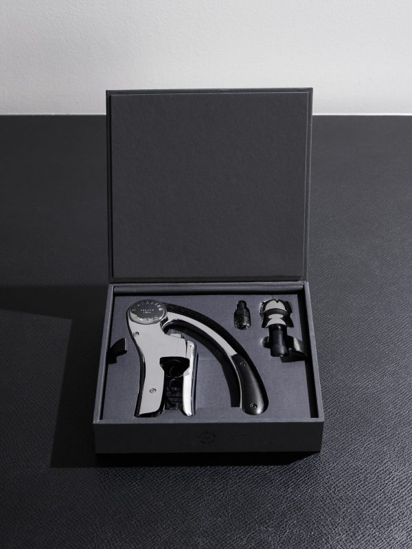 Up & Down Silver-Tone and Leather Corkscrew and Champagne Stopper Set