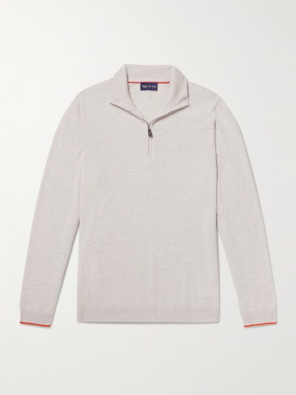+ N.Peal Cashmere Tucci Leather-Trimmed Half-Zip Sweater