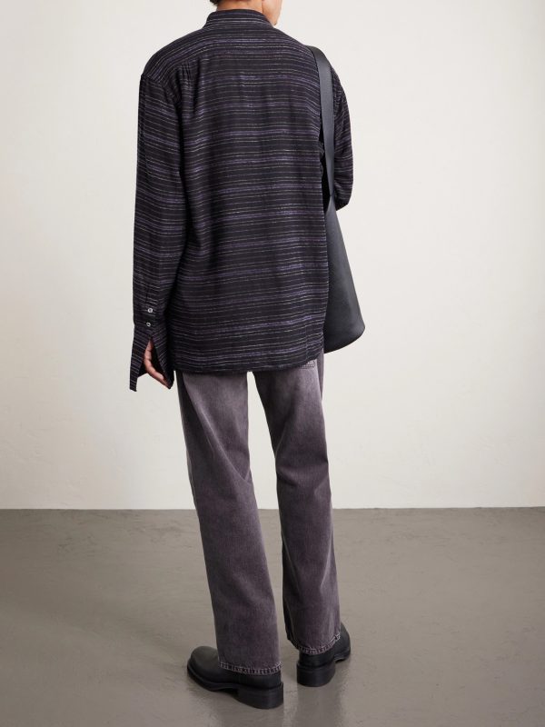 + HOORSENBUHS Embroidered Striped Cotton-Blend Flannel Shirt - BK + HOORSENBUHS Embroidered Striped Cotton-Blend Flannel Shirt - BK