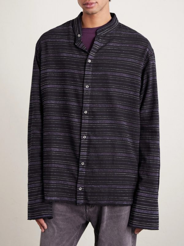 + HOORSENBUHS Embroidered Striped Cotton-Blend Flannel Shirt - FR + HOORSENBUHS Embroidered Striped Cotton-Blend Flannel Shirt - FR