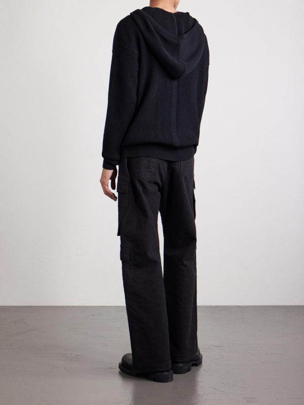 Ribbed Virgin Wool Zip-Up Hoodie - BK Ribbed Virgin Wool Zip-Up Hoodie - BK