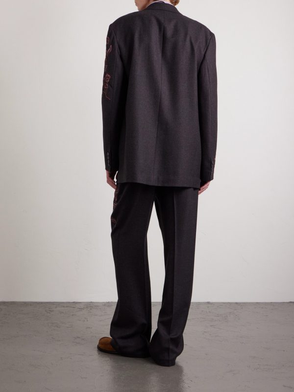 Wide-Leg Pleated Embroidered Wool-Flannel Trousers - BK