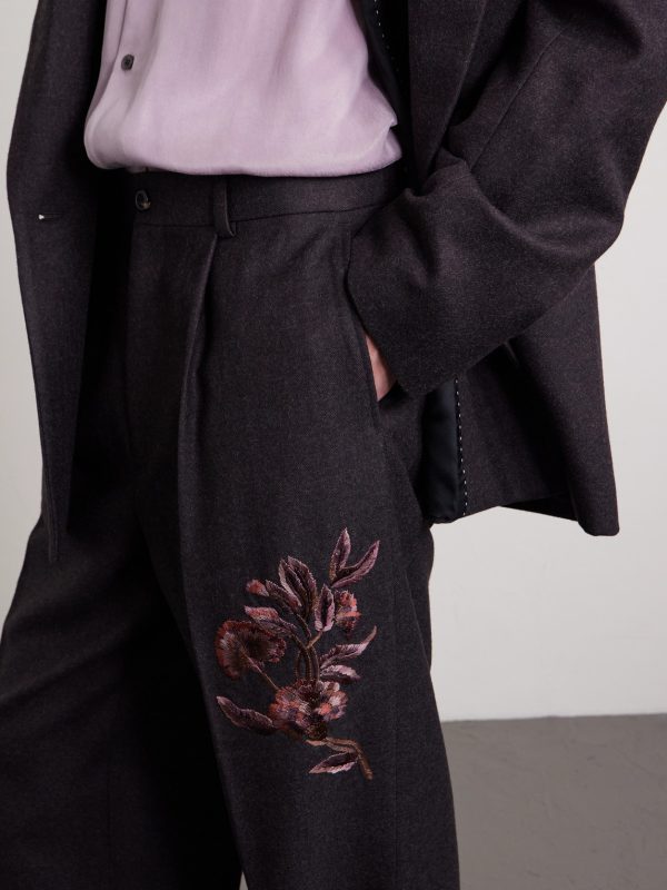 Wide-Leg Pleated Embroidered Wool-Flannel Trousers - CU