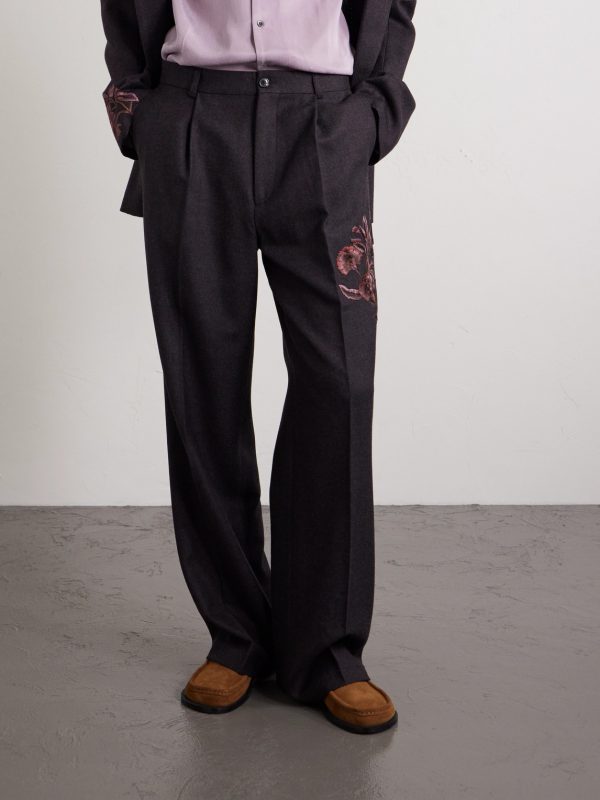 Wide-Leg Pleated Embroidered Wool-Flannel Trousers - FR