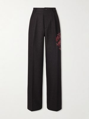 Wide-Leg Pleated Embroidered Wool-Flannel Trousers Wide-Leg Pleated Embroidered Wool-Flannel Trousers