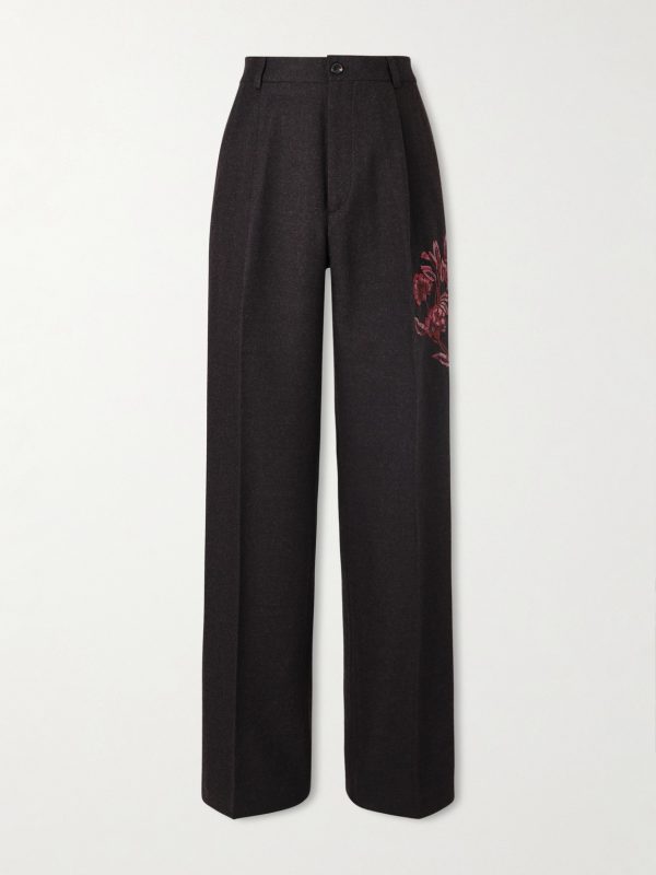 Wide-Leg Pleated Embroidered Wool-Flannel Trousers