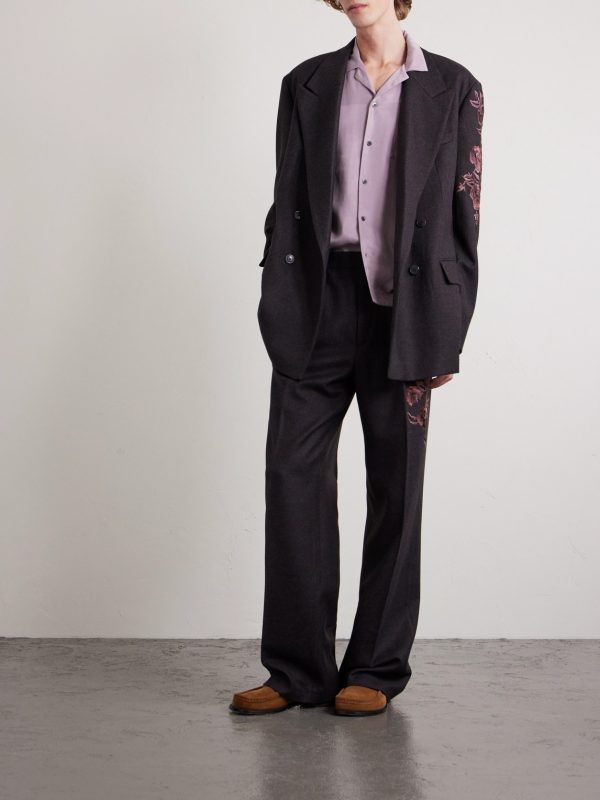 Wide-Leg Pleated Embroidered Wool-Flannel Trousers - OU