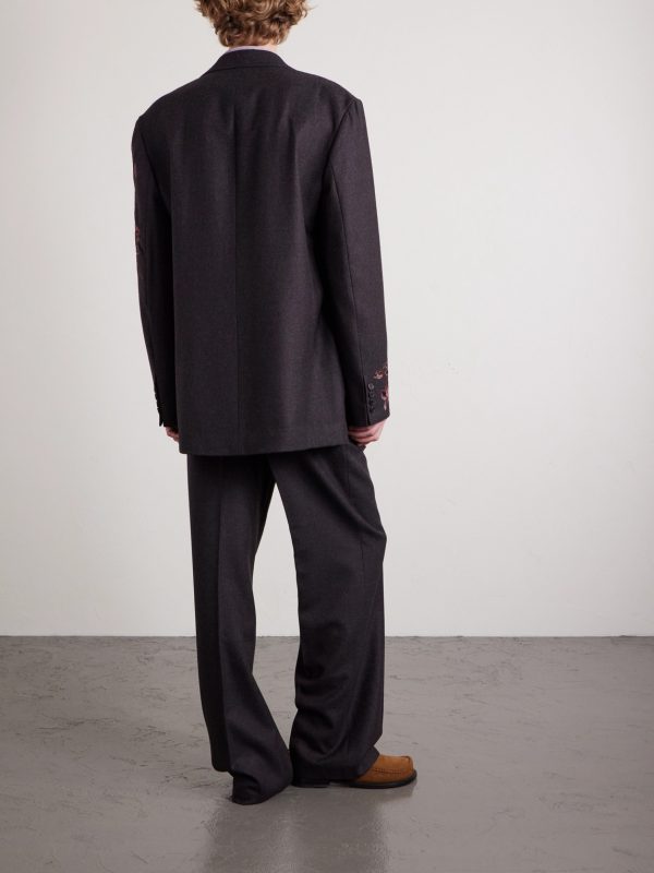 Double-Breasted Embroidered Wool-Flannel Blazer - BK Double-Breasted Embroidered Wool-Flannel Blazer - BK