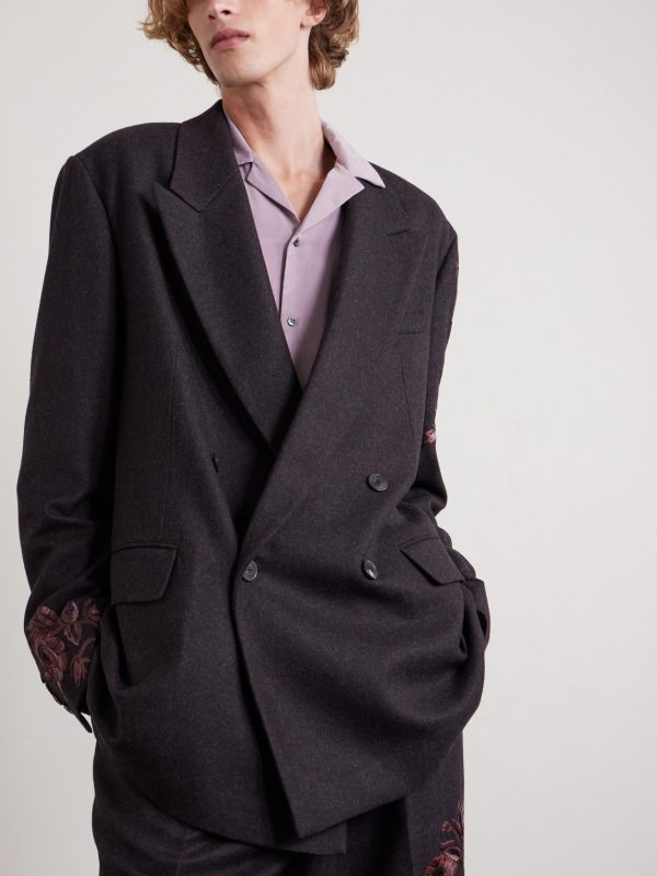 Double-Breasted Embroidered Wool-Flannel Blazer - FR Double-Breasted Embroidered Wool-Flannel Blazer - FR