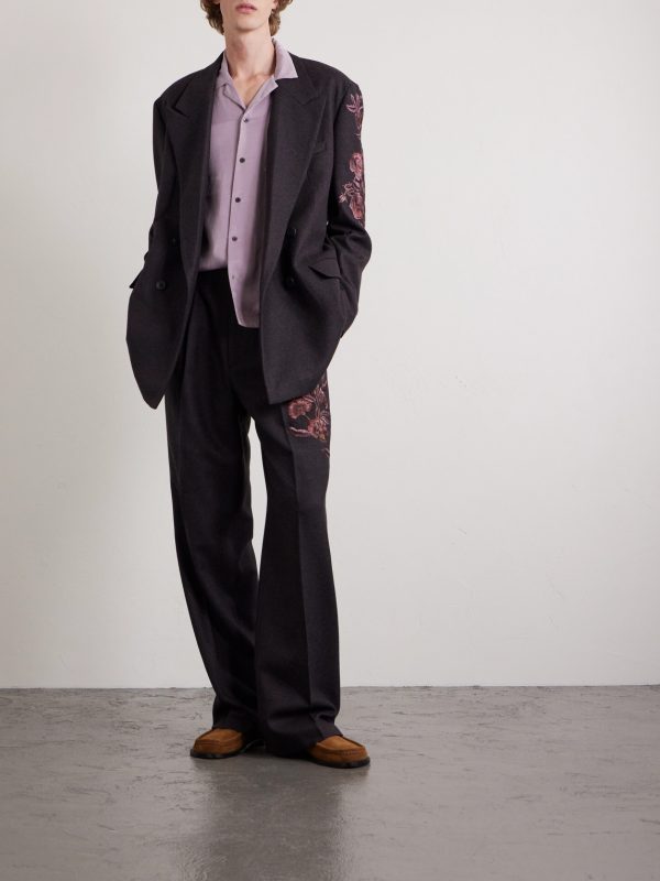Double-Breasted Embroidered Wool-Flannel Blazer - OU Double-Breasted Embroidered Wool-Flannel Blazer - OU