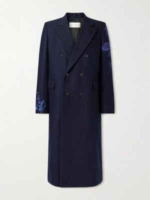 Double-Breasted Embroidered Wool-Flannel Coat