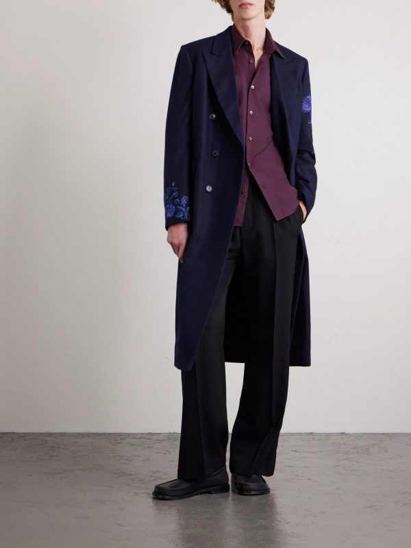 Double-Breasted Embroidered Wool-Flannel Coat - OU Double-Breasted Embroidered Wool-Flannel Coat - OU