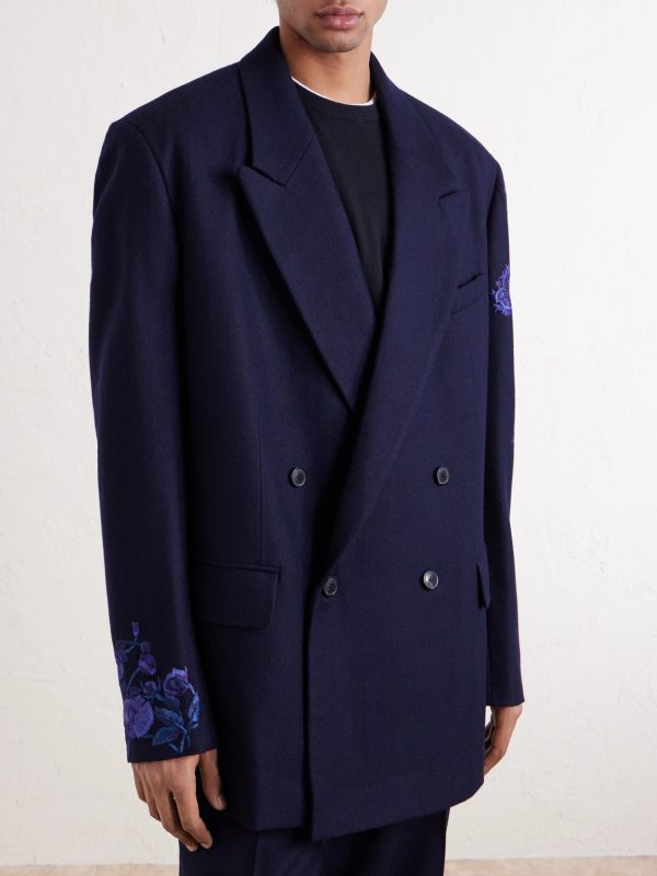 Double-Breasted Embroidered Wool-Flannel Blazer - FR